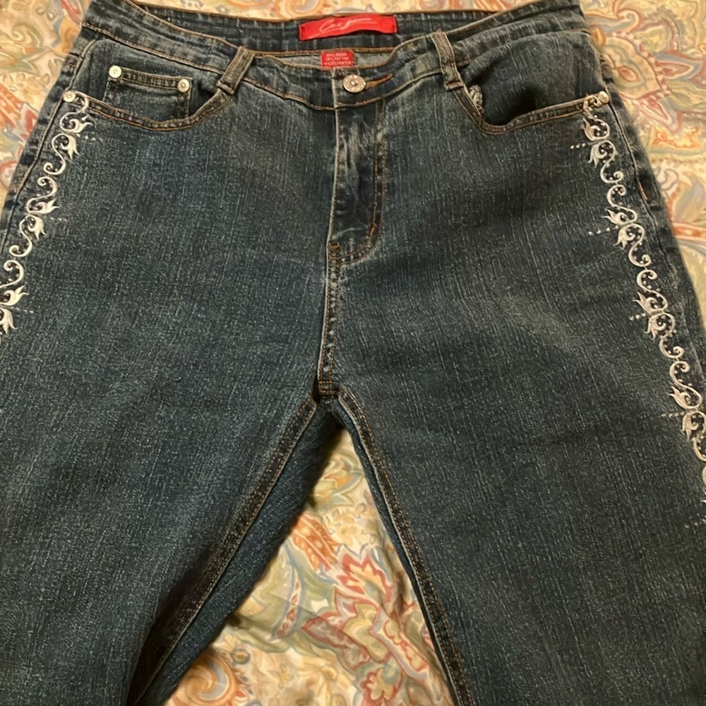 Cos Jeans stretch mid rise denim with leg beads & embroidery size 8 boot cut